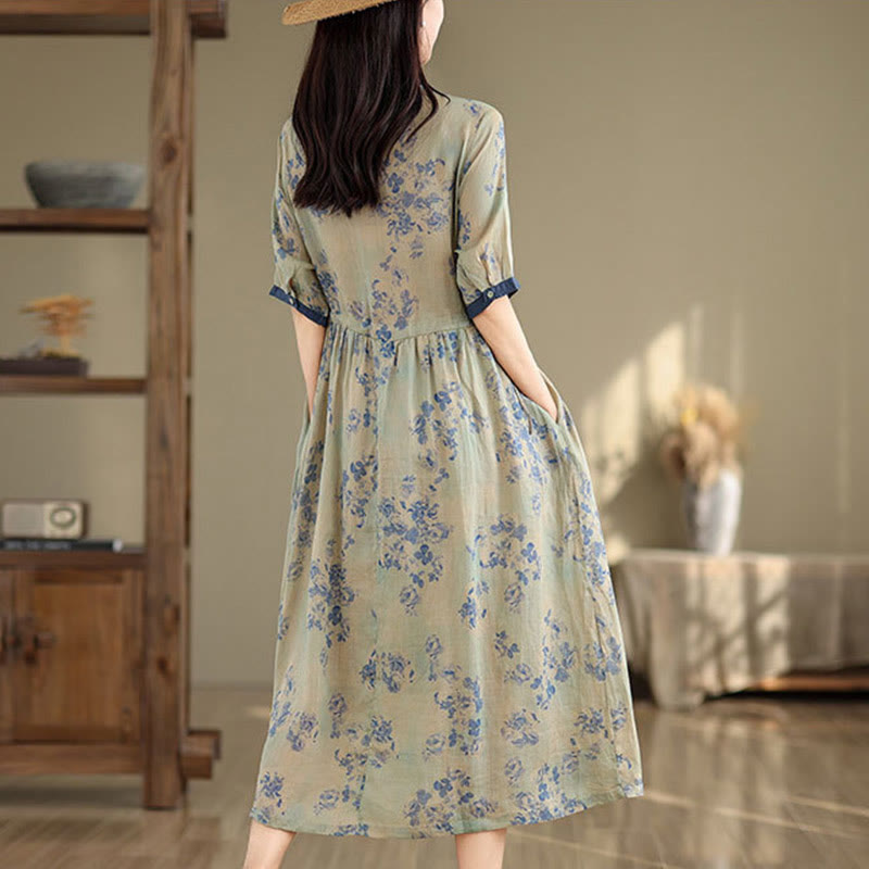 Vestido midi de algodón con media manga y bolsillos, estampado floral retro con Buddha Stones y cordón ajustable - image 11