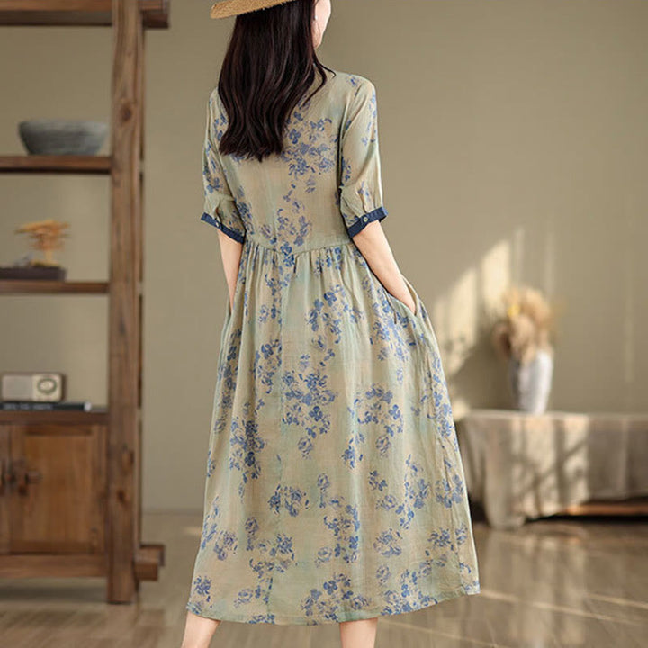 Vestido midi de algodón con media manga y bolsillos, estampado floral retro con Buddha Stones y cordón ajustable - image 11
