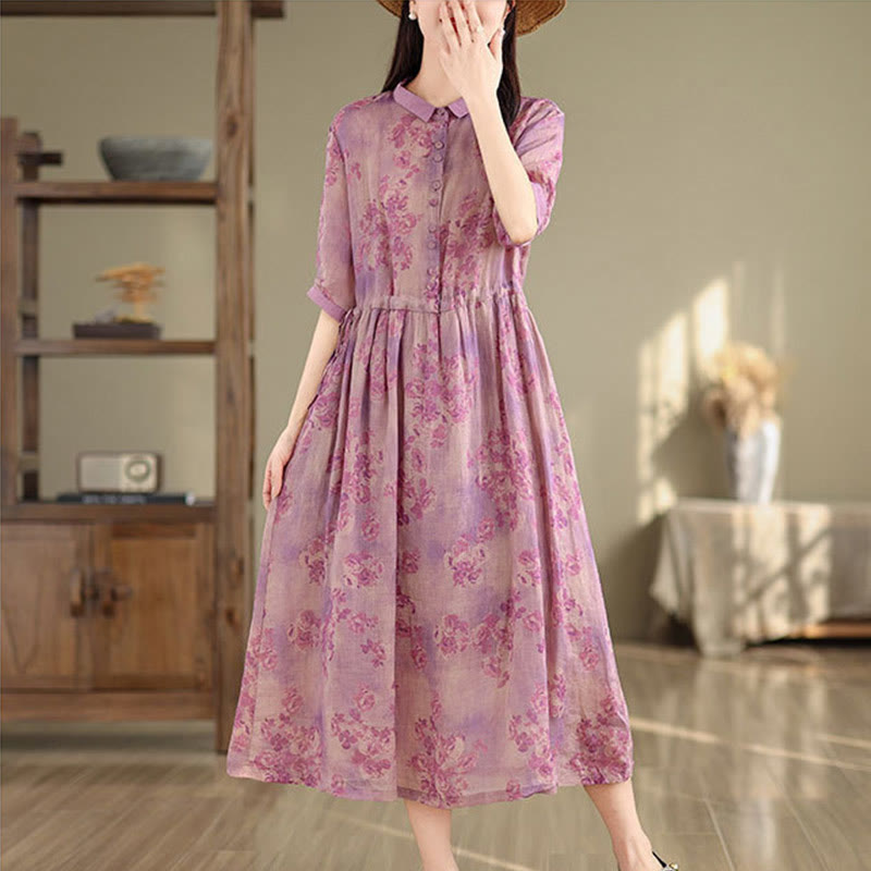 Vestido midi de algodón con media manga y bolsillos, estampado floral retro con Buddha Stones y cordón ajustable - image 14