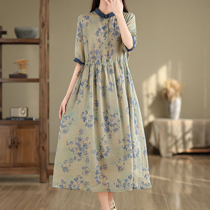 Vestido midi de algodón con media manga y bolsillos, estampado floral retro con Buddha Stones y cordón ajustable - image 10