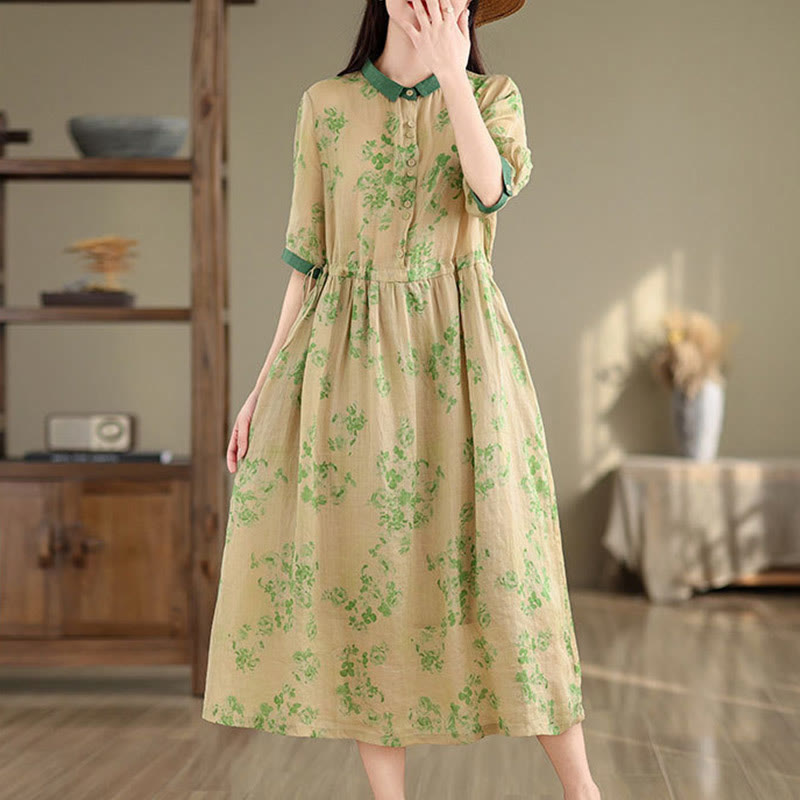 Vestido midi de algodón con media manga y bolsillos, estampado floral retro con Buddha Stones y cordón ajustable - image 17
