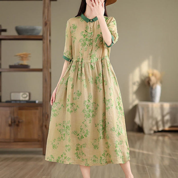 Vestido midi de algodón con media manga y bolsillos, estampado floral retro con Buddha Stones y cordón ajustable - image 17