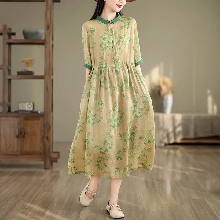 Vestido midi de algodón con media manga y bolsillos, estampado floral retro con Buddha Stones y cordón ajustable - Verdemar - US8-10，UK/AU12-14，EU40-42 (2XL) - image 16