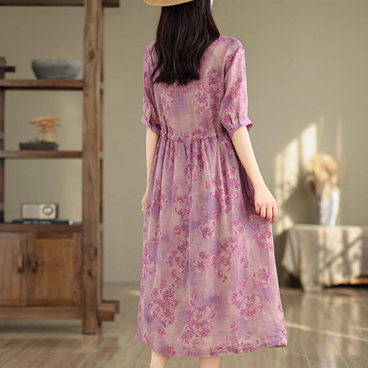 Vestido midi de algodón con media manga y bolsillos, estampado floral retro con Buddha Stones y cordón ajustable - image 15