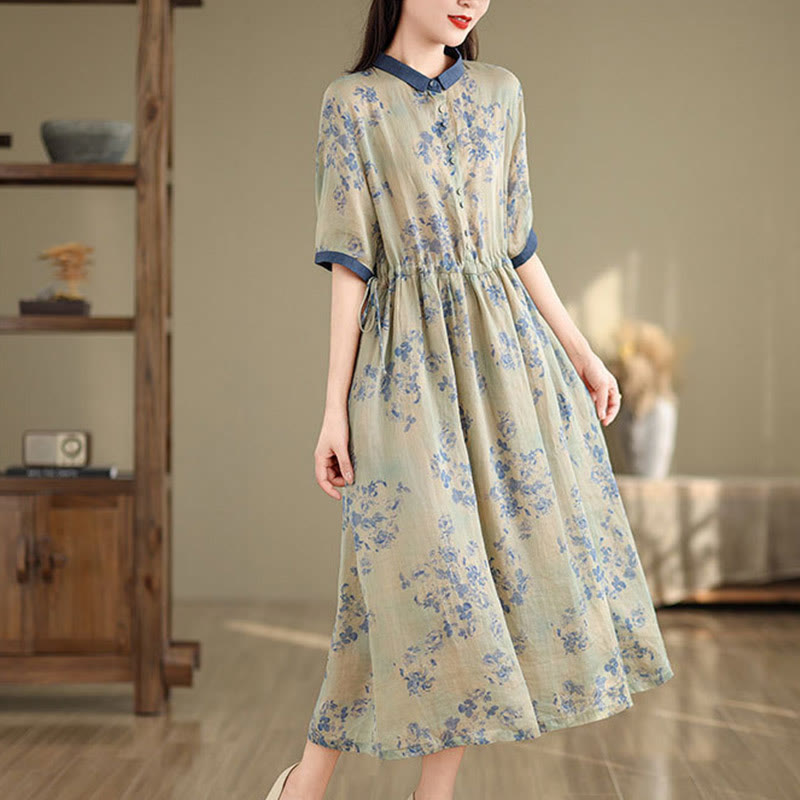 Vestido midi de algodón con media manga y bolsillos, estampado floral retro con Buddha Stones y cordón ajustable - image 9