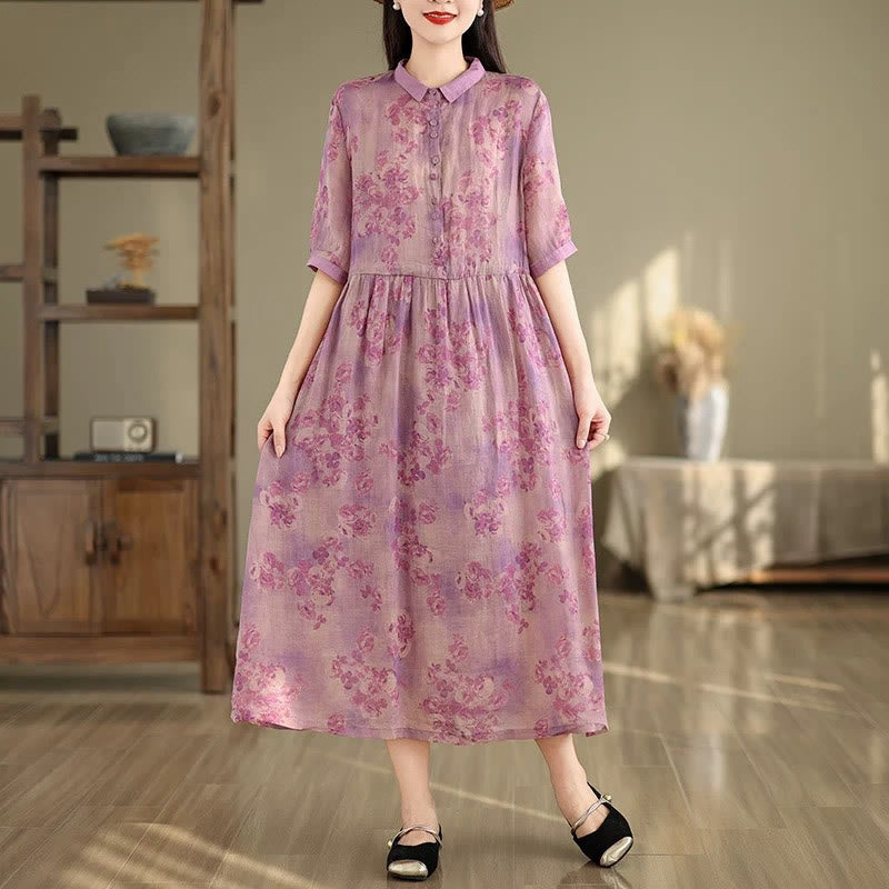 Vestido midi de algodón con media manga y bolsillos, estampado floral retro con Buddha Stones y cordón ajustable - Magenta - US8-10，UK/AU12-14，EU40-42 (2XL) - image 12
