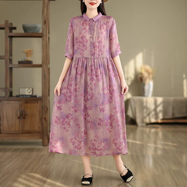 Vestido midi de algodón con media manga y bolsillos, estampado floral retro con Buddha Stones y cordón ajustable - Magenta - US8-10，UK/AU12-14，EU40-42 (2XL) - image 12