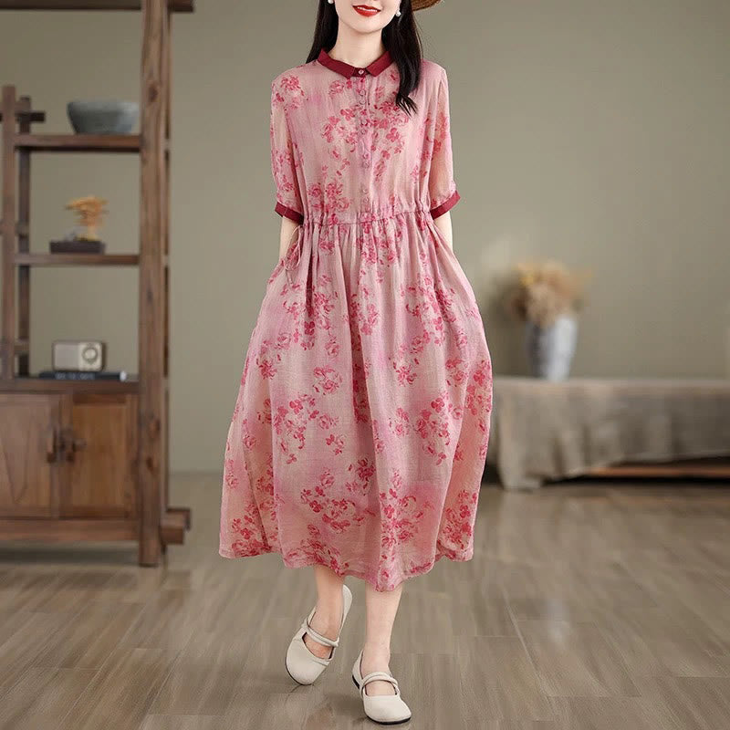 Vestido midi de algodón con media manga y bolsillos, estampado floral retro con Buddha Stones y cordón ajustable - Rosa oscuro - US8-10，UK/AU12-14，EU40-42 (2XL) - image 0