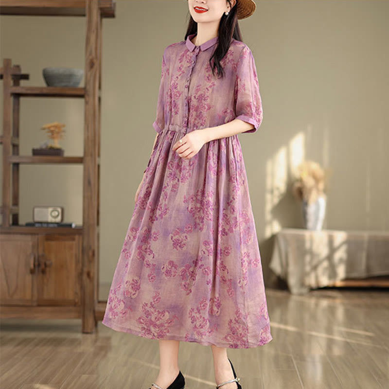 Vestido midi de algodón con media manga y bolsillos, estampado floral retro con Buddha Stones y cordón ajustable - image 13