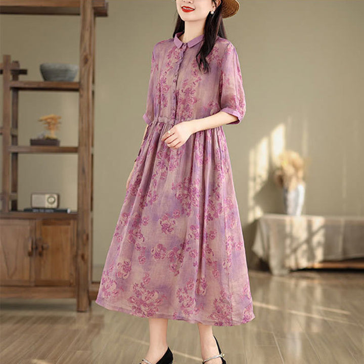 Vestido midi de algodón con media manga y bolsillos, estampado floral retro con Buddha Stones y cordón ajustable - image 13