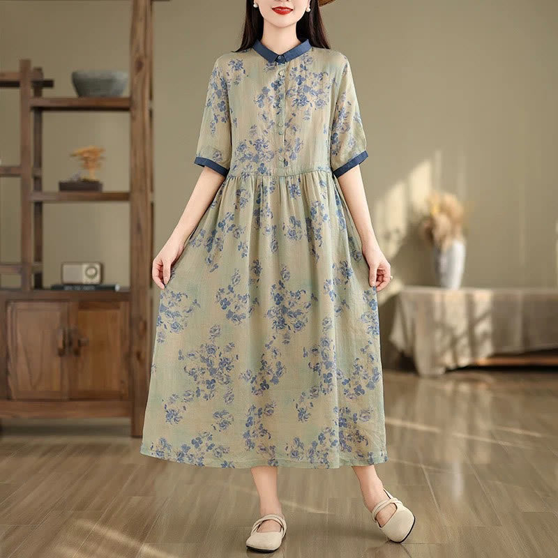 Vestido midi de algodón con media manga y bolsillos, estampado floral retro con Buddha Stones y cordón ajustable - Azul pizarra oscuro - US8-10，UK/AU12-14，EU40-42 (2XL) - image 8