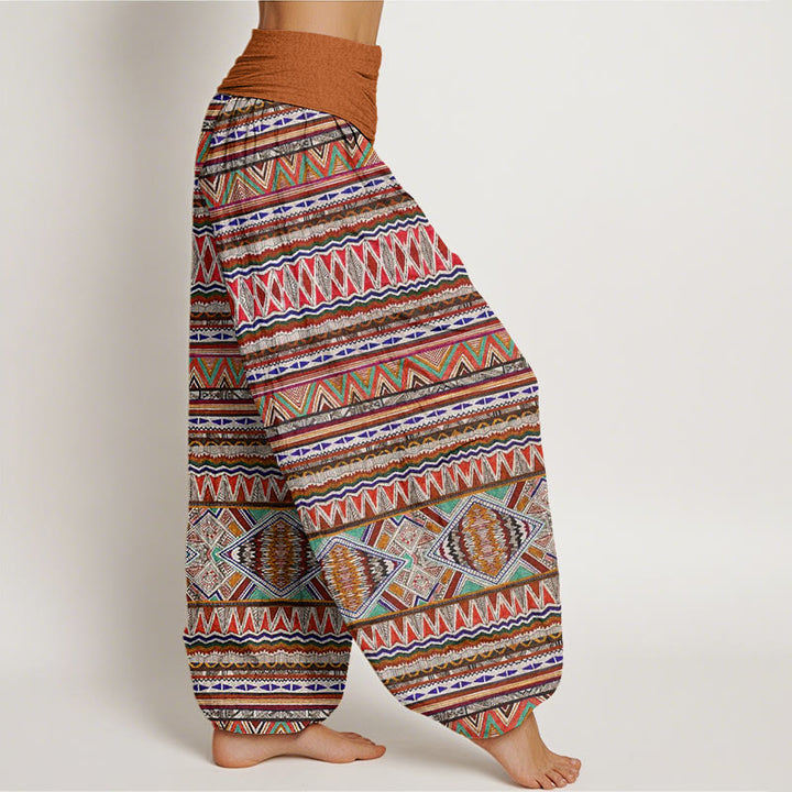Pantalones harén con cintura elástica para mujer, estilo tribal informal con estampado geométrico y Buddha Stones - image 1