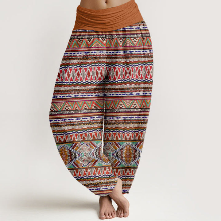 Pantalones harén con cintura elástica para mujer, estilo tribal informal con estampado geométrico y Buddha Stones - Perú - US22，UK/AU26，EU54 (6XL) - image 0