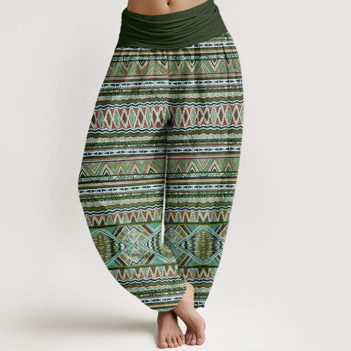 Pantalones harén con cintura elástica para mujer, estilo tribal informal con estampado geométrico y Buddha Stones - Verde oscuro - US22，UK/AU26，EU54 (6XL) - image 4