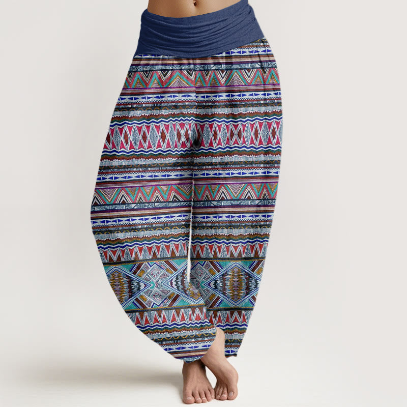 Pantalones harén con cintura elástica para mujer, estilo tribal informal con estampado geométrico y Buddha Stones - Azul real - US22，UK/AU26，EU54 (6XL) - image 8