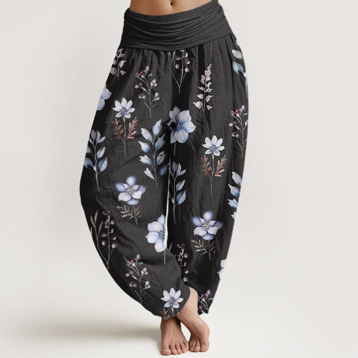 Pantalones harén de cintura elástica para mujer con delicados estampados florales y hojas de Buddha Stones - Negro - US22，UK/AU26，EU54 (6XL) - image 1