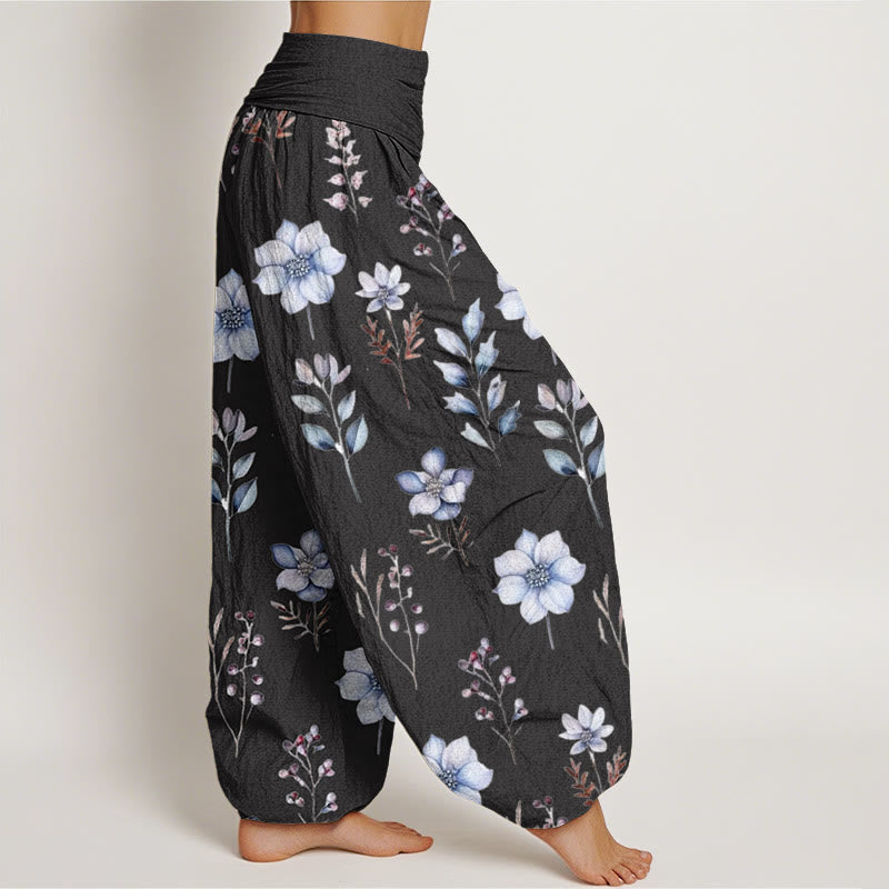 Pantalones harén de cintura elástica para mujer con delicados estampados florales y hojas de Buddha Stones - image 2
