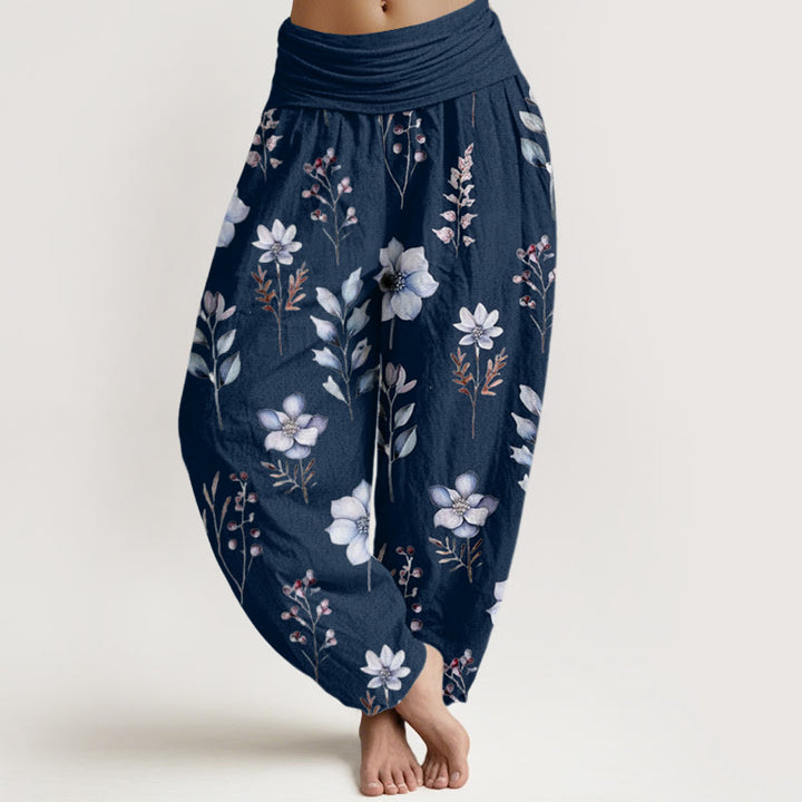 Pantalones harén de cintura elástica para mujer con delicados estampados florales y hojas de Buddha Stones - Azul medianoche - US22，UK/AU26，EU54 (6XL) - image 5