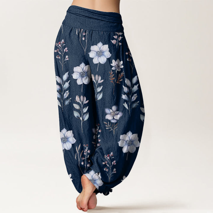 Pantalones harén de cintura elástica para mujer con delicados estampados florales y hojas de Buddha Stones - image 7