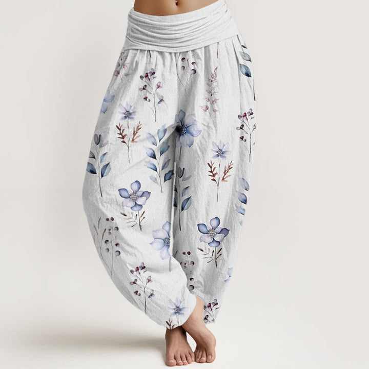 Pantalones harén de cintura elástica para mujer con delicados estampados florales y hojas de Buddha Stones - Nieve - US22，UK/AU26，EU54 (6XL) - image 8