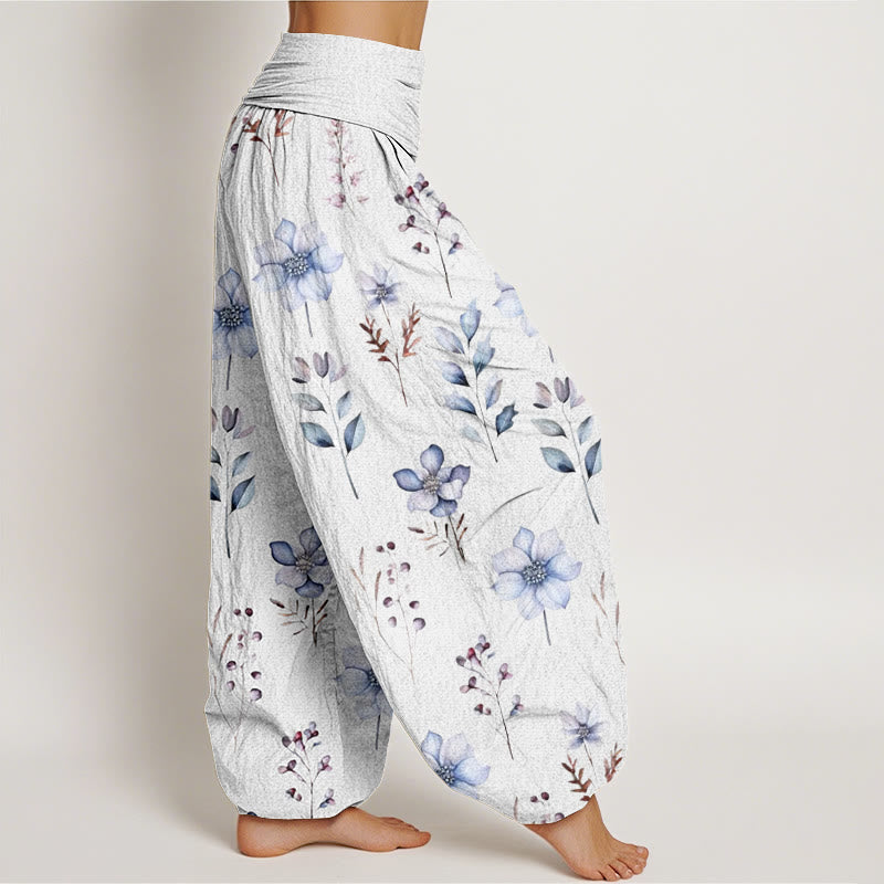Pantalones harén de cintura elástica para mujer con delicados estampados florales y hojas de Buddha Stones - image 9