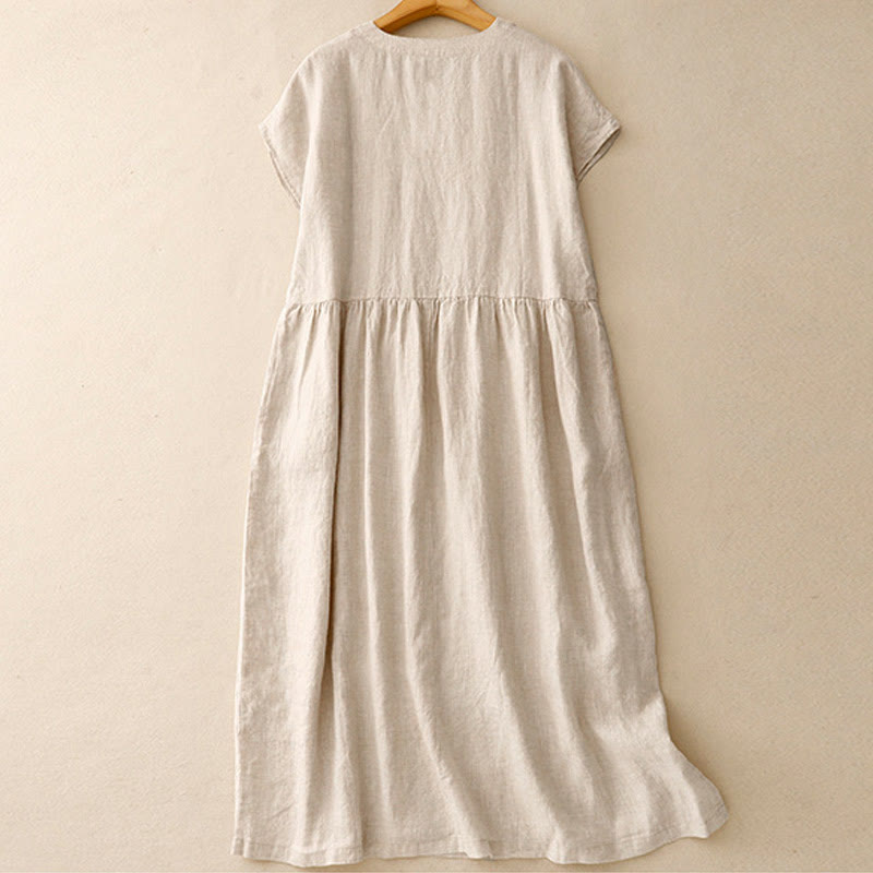 Vestido midi informal de Buddha Stones y algodón con bolsillos, diseño sencillo, color liso y artístico, cintura alta y manga corta. - image 1