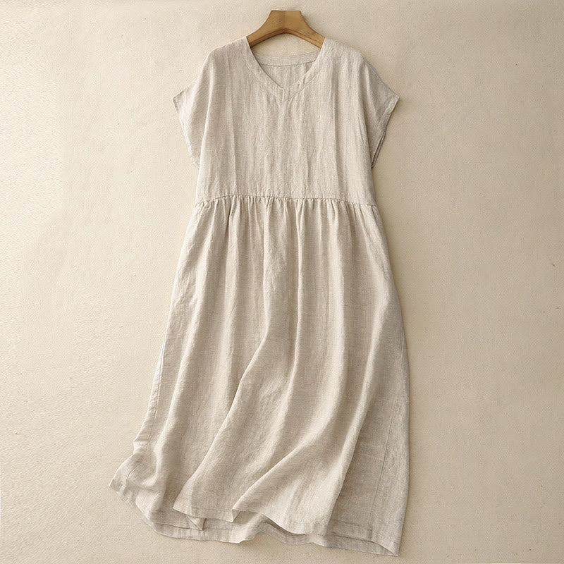 Vestido midi informal de Buddha Stones y algodón con bolsillos, diseño sencillo, color liso y artístico, cintura alta y manga corta. - Lino - US8-10，UK/AU12-14，EU40-42 (2XL) - image 1