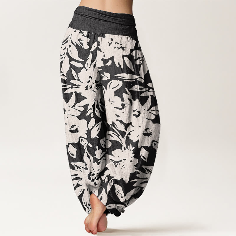 Pantalones harén de cintura elástica para mujer con estampado de hojas exuberantes y flores grandes de Buddha Stones - image 3
