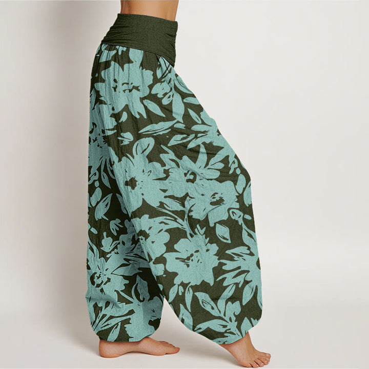 Pantalones harén de cintura elástica para mujer con estampado de hojas exuberantes y flores grandes de Buddha Stones - image 6