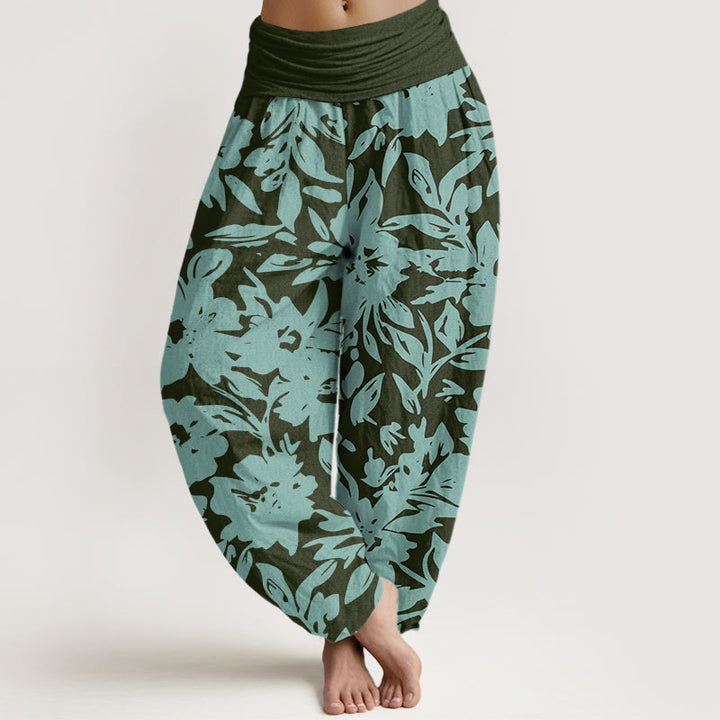 Pantalones harén de cintura elástica para mujer con estampado de hojas exuberantes y flores grandes de Buddha Stones - Gris pizarra oscuro - US22，UK/AU26，EU54 (6XL) - image 5