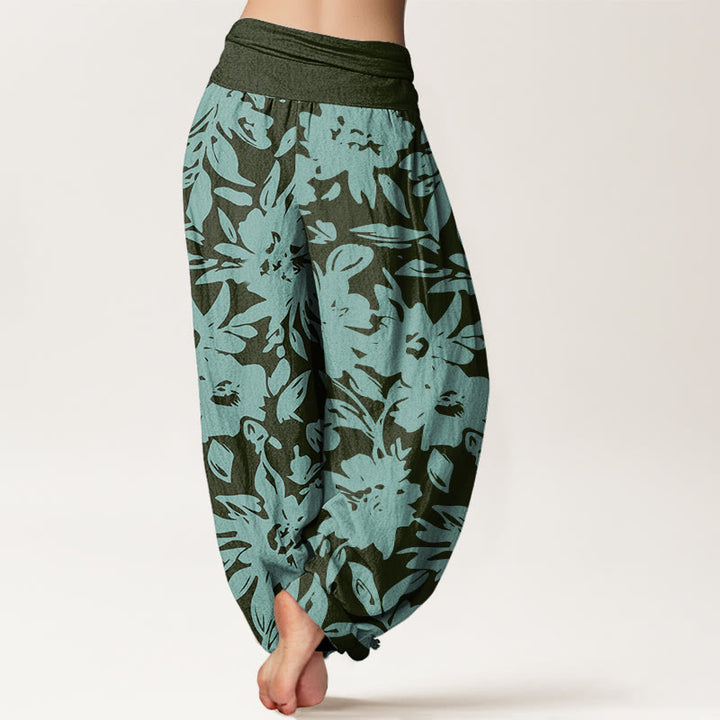 Pantalones harén de cintura elástica para mujer con estampado de hojas exuberantes y flores grandes de Buddha Stones - image 7