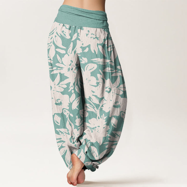 Pantalones harén de cintura elástica para mujer con estampado de hojas exuberantes y flores grandes de Buddha Stones - image 10