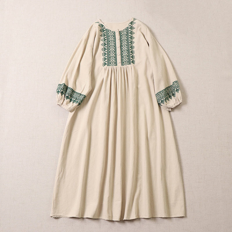 Vestido midi informal de lino y algodón con bordado geométrico artístico y botones al frente, mangas largas tipo farol, con Buddha Stones - Beige - US8-10，UK/AU12-14，EU40-42 (2XL) - image 7