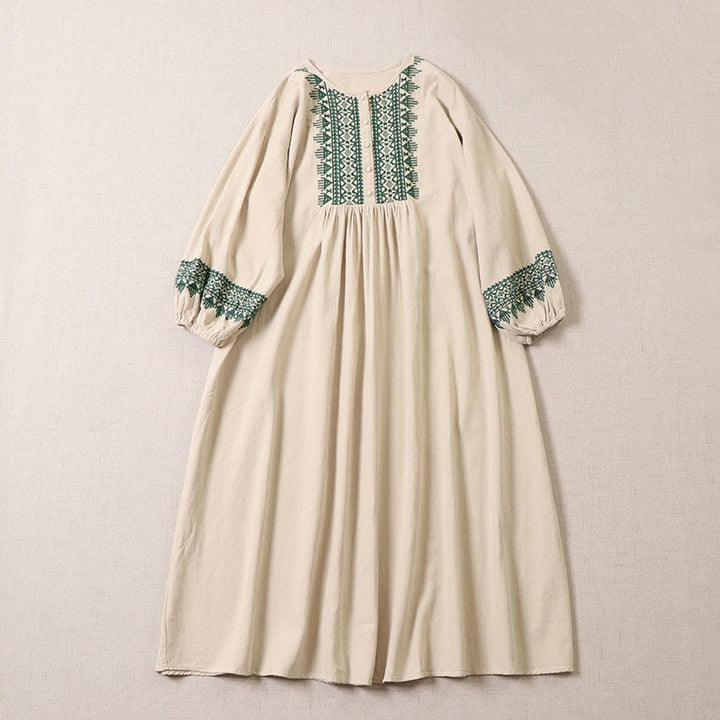 Vestido midi informal de lino y algodón con bordado geométrico artístico y botones al frente, mangas largas tipo farol, con Buddha Stones - Beige - US8-10，UK/AU12-14，EU40-42 (2XL) - image 7
