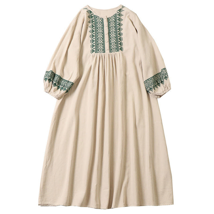 Vestido midi informal de lino y algodón con bordado geométrico artístico y botones al frente, mangas largas tipo farol, con Buddha Stones - image 20
