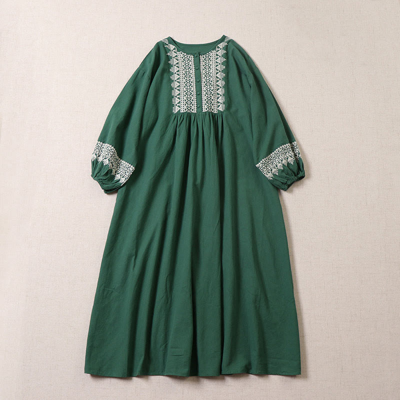 Vestido midi informal de lino y algodón con bordado geométrico artístico y botones al frente, mangas largas tipo farol, con Buddha Stones - Verdemar - US8-10，UK/AU12-14，EU40-42 (2XL) - image 0