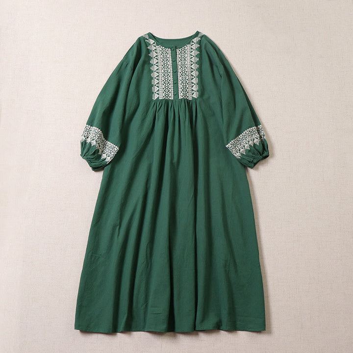 Vestido midi informal de lino y algodón con bordado geométrico artístico y botones al frente, mangas largas tipo farol, con Buddha Stones - Verdemar - US8-10，UK/AU12-14，EU40-42 (2XL) - image 0