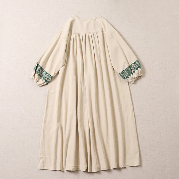 Vestido midi informal de lino y algodón con bordado geométrico artístico y botones al frente, mangas largas tipo farol, con Buddha Stones - image 8