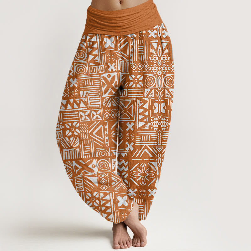 Pantalones harén con cintura elástica para mujer, con estampado geométrico tribal e informal de Buddha Stones - Chocolate - US22，UK/AU26，EU54 (6XL) - image 1
