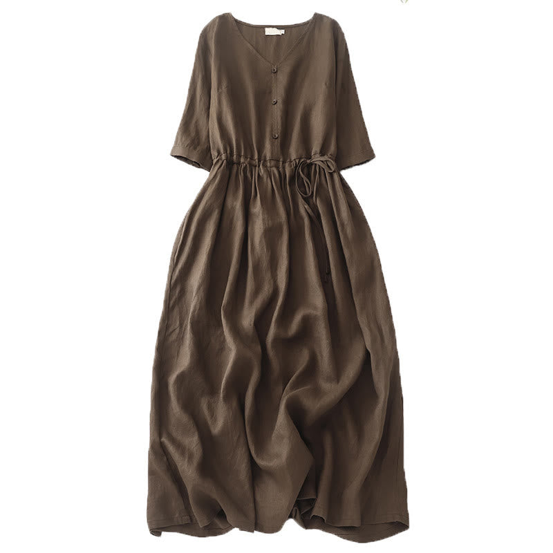 Vestido midi de algodón con mangas cortas, Buddha Stones Vintage Casual, color liso, diseño plisado con cordón ajustable y bolsillos. - Marrón silla de montar - US8-10，UK/AU12-14，EU40-42 (2XL) - image 0