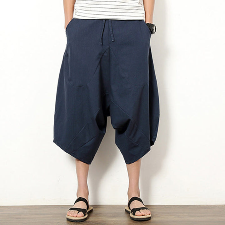 Pantalones de lino y algodón con cordón ajustable para hombre, de longitud 7-8, con pernera ancha y bolsillos, diseño de patchwork simple y liso de Buddha Stones Spring - image 1