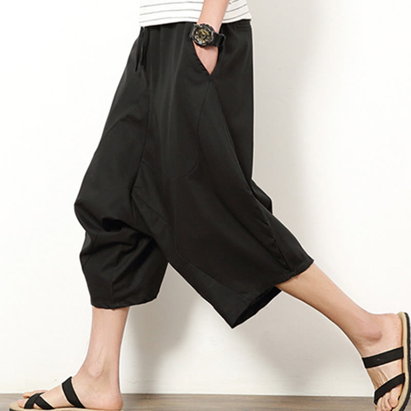 Pantalones de lino y algodón con cordón ajustable para hombre, de longitud 7-8, con pernera ancha y bolsillos, diseño de patchwork simple y liso de Buddha Stones Spring - image 20