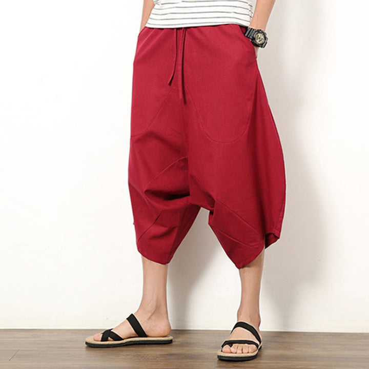Pantalones de lino y algodón con cordón ajustable para hombre, de longitud 7-8, con pernera ancha y bolsillos, diseño de patchwork simple y liso de Buddha Stones Spring - image 13