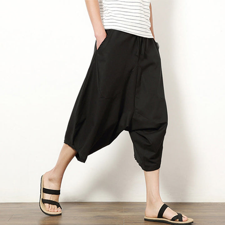 Pantalones de lino y algodón con cordón ajustable para hombre, de longitud 7-8, con pernera ancha y bolsillos, diseño de patchwork simple y liso de Buddha Stones Spring - image 19