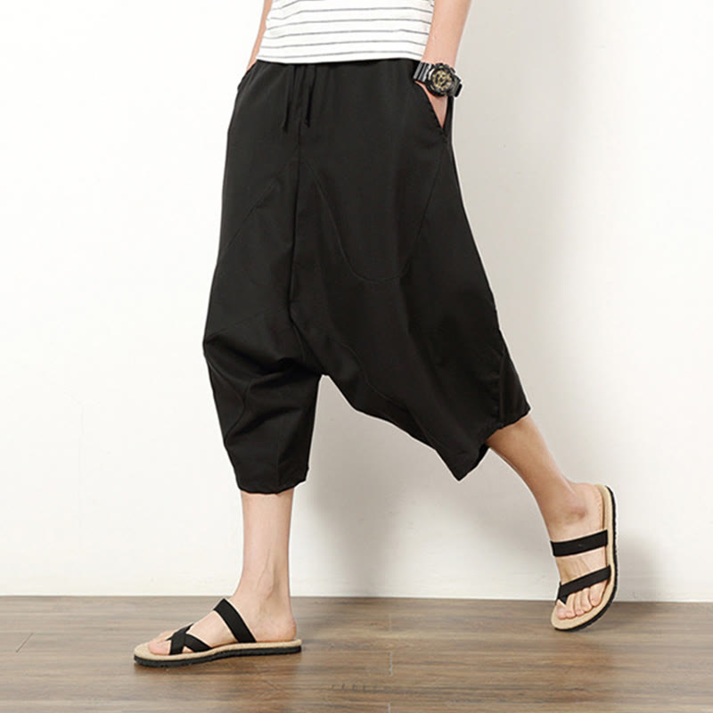 Pantalones de lino y algodón con cordón ajustable para hombre, de longitud 7-8, con pernera ancha y bolsillos, diseño de patchwork simple y liso de Buddha Stones Spring - image 18