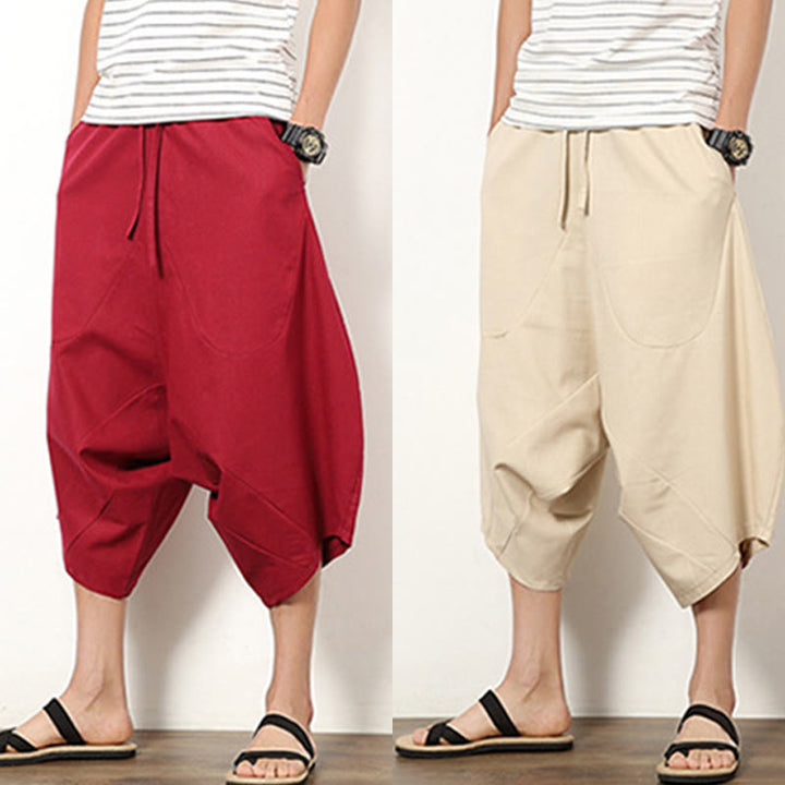 Pantalones de lino y algodón con cordón ajustable para hombre, de longitud 7-8, con pernera ancha y bolsillos, diseño de patchwork simple y liso de Buddha Stones Spring - image 26