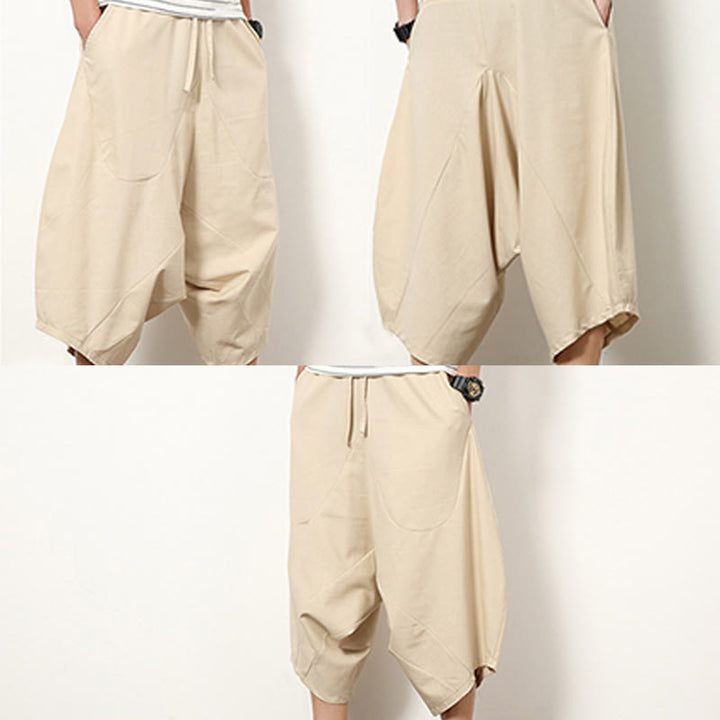 Pantalones de lino y algodón con cordón ajustable para hombre, de longitud 7-8, con pernera ancha y bolsillos, diseño de patchwork simple y liso de Buddha Stones Spring - image 10