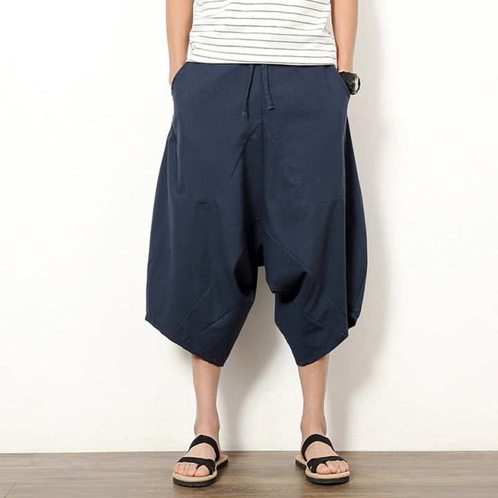 Pantalones de lino y algodón con cordón ajustable para hombre, de longitud 7-8, con pernera ancha y bolsillos, diseño de patchwork simple y liso de Buddha Stones Spring - Azul pizarra oscuro - US/UK/AU46, EU56 (5XL) - image 0