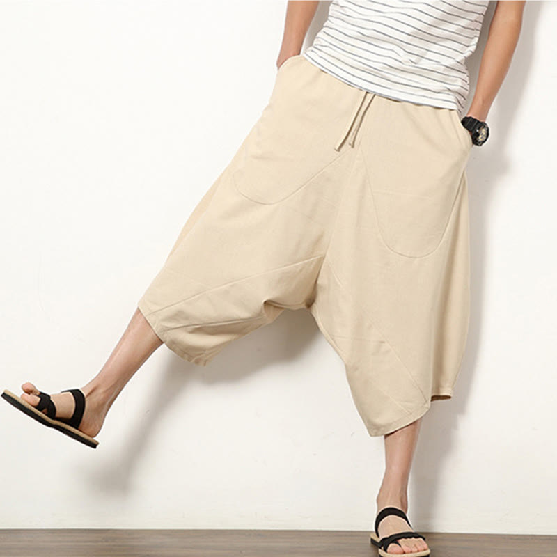 Pantalones de lino y algodón con cordón ajustable para hombre, de longitud 7-8, con pernera ancha y bolsillos, diseño de patchwork simple y liso de Buddha Stones Spring - image 8