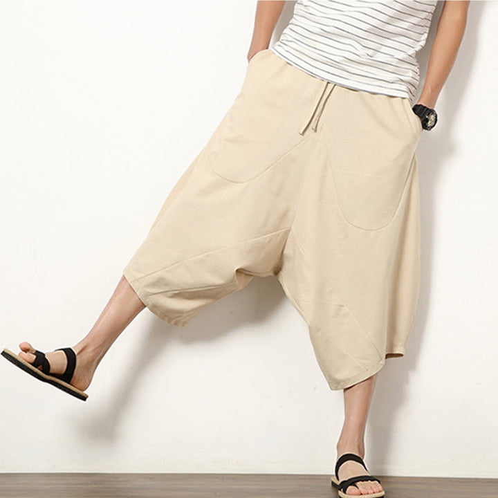 Pantalones de lino y algodón con cordón ajustable para hombre, de longitud 7-8, con pernera ancha y bolsillos, diseño de patchwork simple y liso de Buddha Stones Spring - image 8
